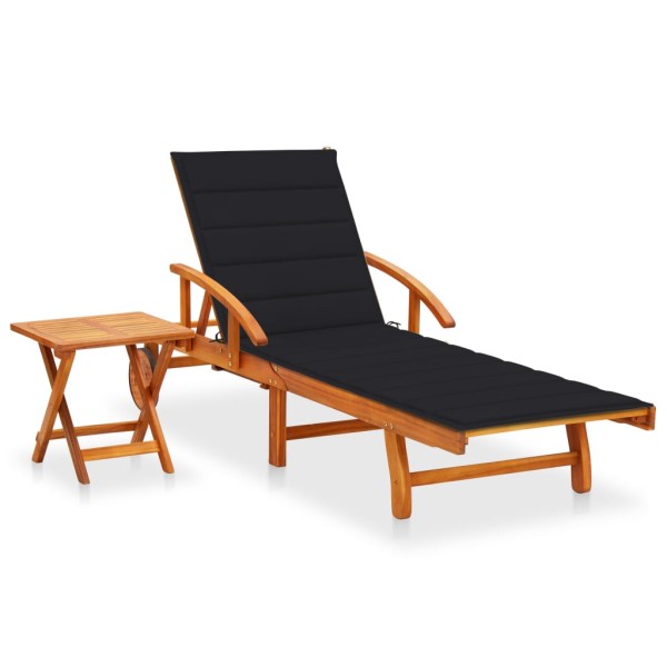Garden sunbed with table and mattress, solid acacia