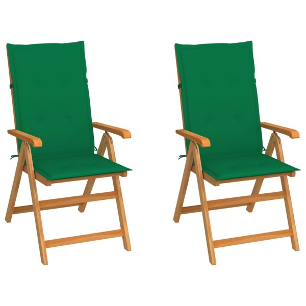 Garden chairs with green cushions, 2 pcs., solid teak