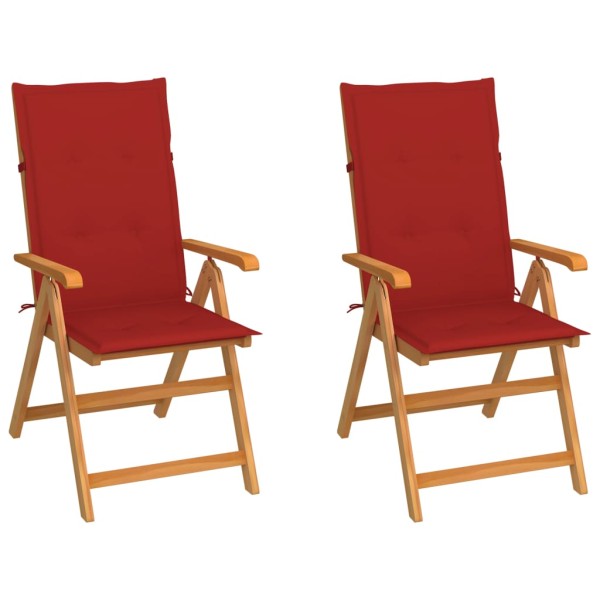 Garden chairs with red cushions, 2 pcs., solid teak