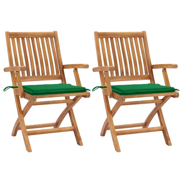 Garden chairs with green cushions, 2 pcs., solid teak