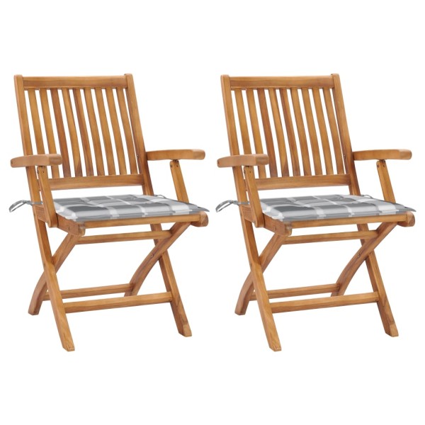 Garden chairs with checkered pillows, 2 pcs., solid teak