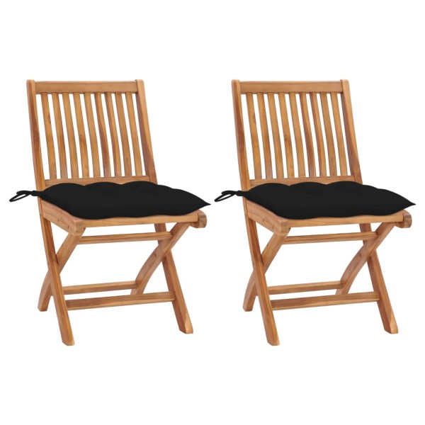 Garden chairs with black cushions, 2 pcs., solid teak