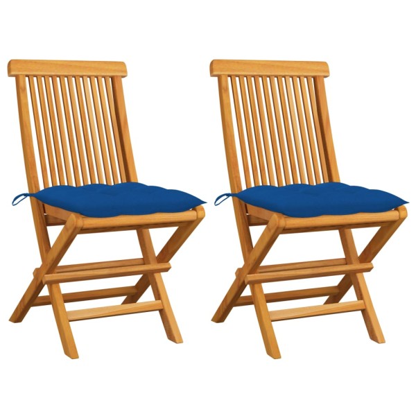 Garden chairs with blue cushions, 2 pcs., solid teak