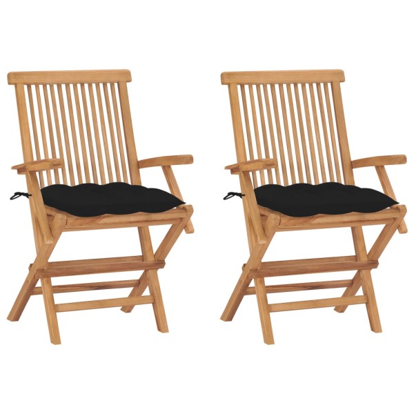 Garden chairs with black cushions, 2 pcs., solid teak