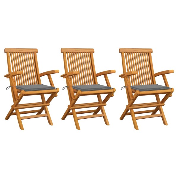 Garden chairs with gray pillows, 3 pcs., solid teak