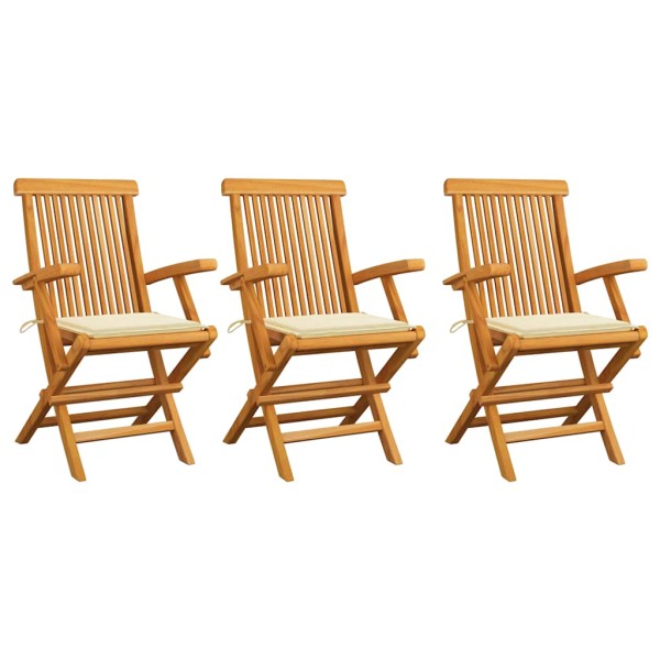 Garden chairs with cream pillows, 3 pcs., solid teak