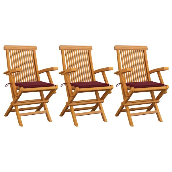 Garden chairs with red pillows, 3 pcs., solid teak