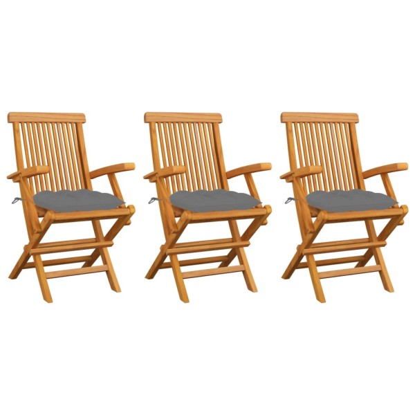 Garden chairs with gray pillows, 3 pcs., solid teak