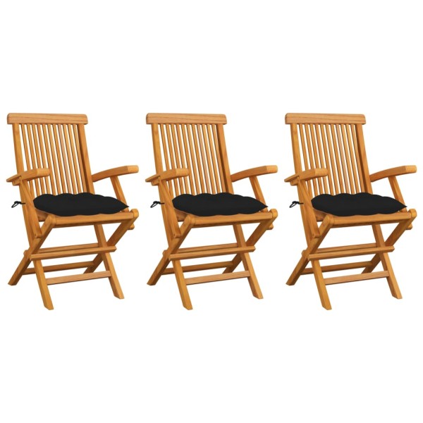 Garden chairs with black pillows, 3 pcs., solid teak