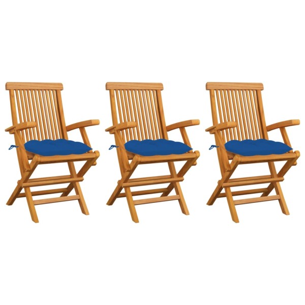 Garden chairs with blue pillows, 3 pcs., solid teak