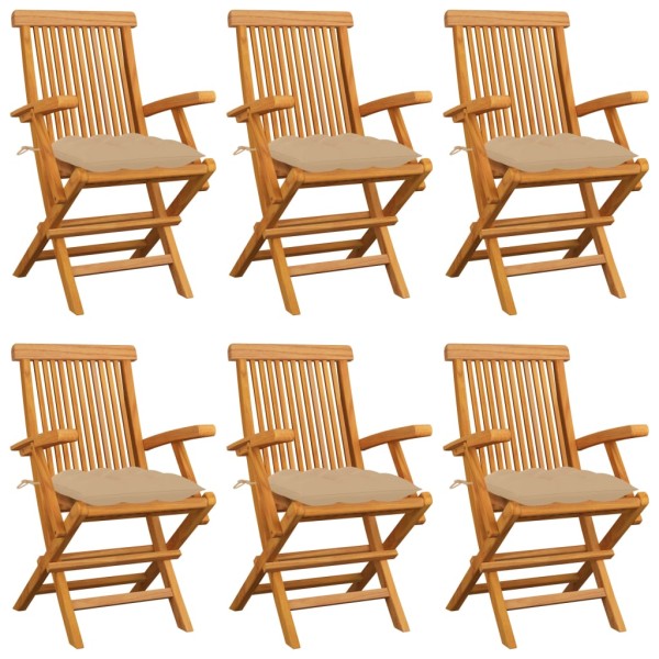 Garden chairs with beige cushions, 6 pcs., teak