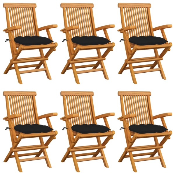 Garden chairs with black cushions, 6 pcs., solid teak