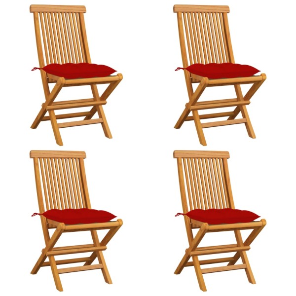 Garden chairs with red cushions, 4 pcs., solid teak