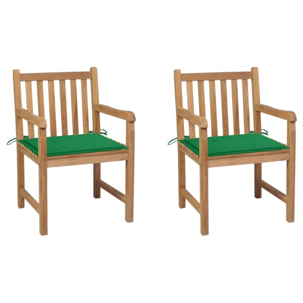 Garden chairs with green cushions, 2 pcs., solid teak