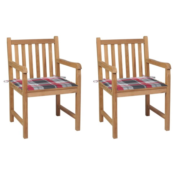 Garden chairs with checkered cushions, 2 pcs., teak
