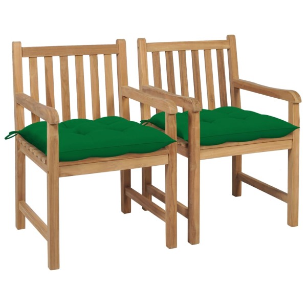 Garden chairs with green cushions, 2 pcs., solid teak