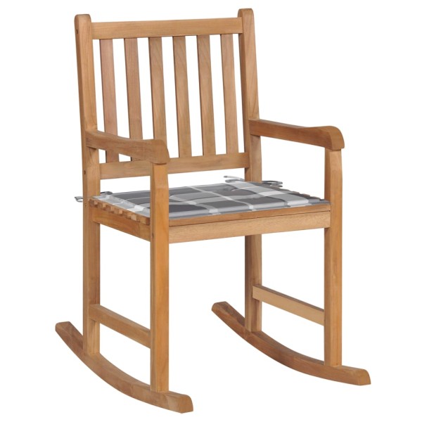 Rocking chair with gray checkered cushion, solid teak