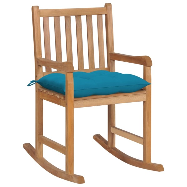 Rocking chair with light blue cushion, solid teak