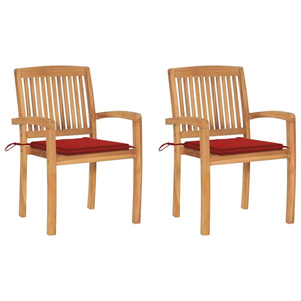 Garden chairs with red cushions, 2 pcs., solid teak