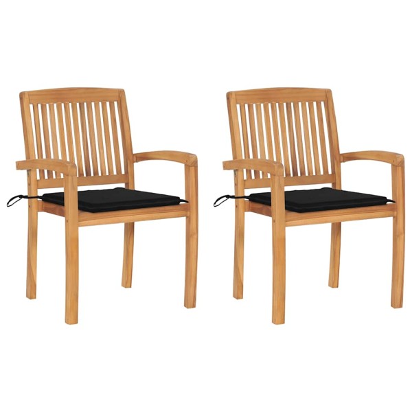 Garden chairs with black cushions, 2 pcs., solid teak
