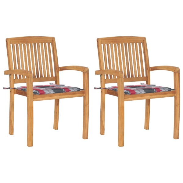 Garden chairs with checkered cushions, 2 pcs., teak