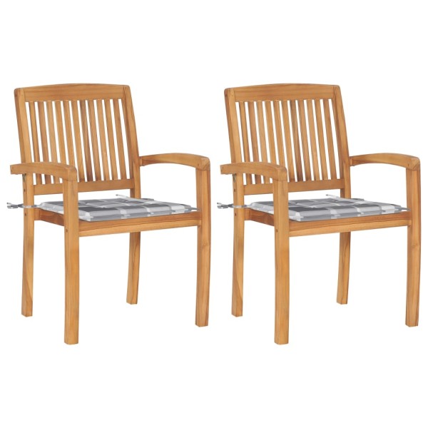 Garden chairs with checkered pillows, 2 pcs., solid teak