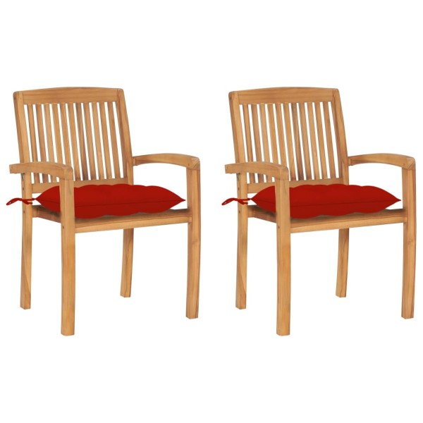 Garden chairs with red cushions, 2 pcs., solid teak