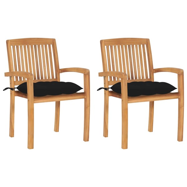 Garden chairs with black cushions, 2 pcs., solid teak