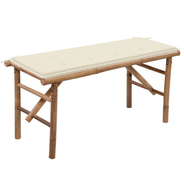 Folding garden bench with cushion, 118cm, bamboo