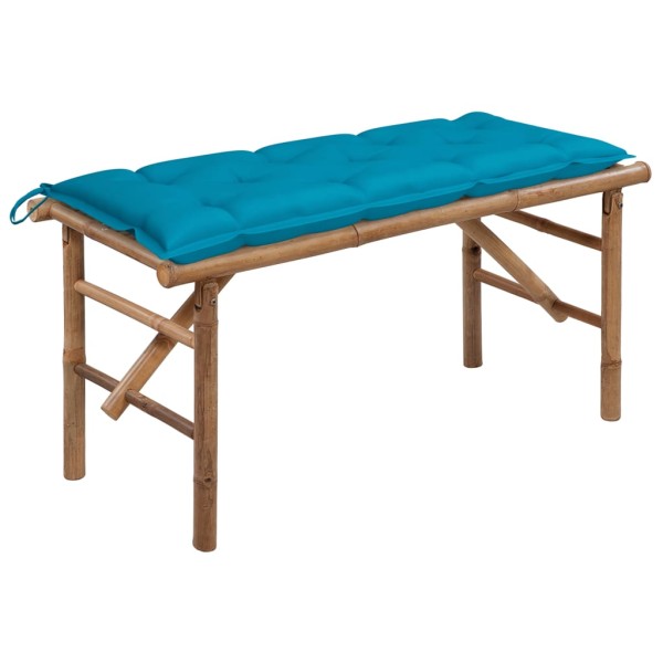 Folding garden bench with cushion, 118cm, bamboo