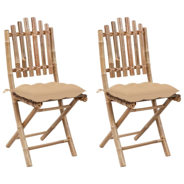 Folding garden chairs with cushions, 2 pcs., bamboo