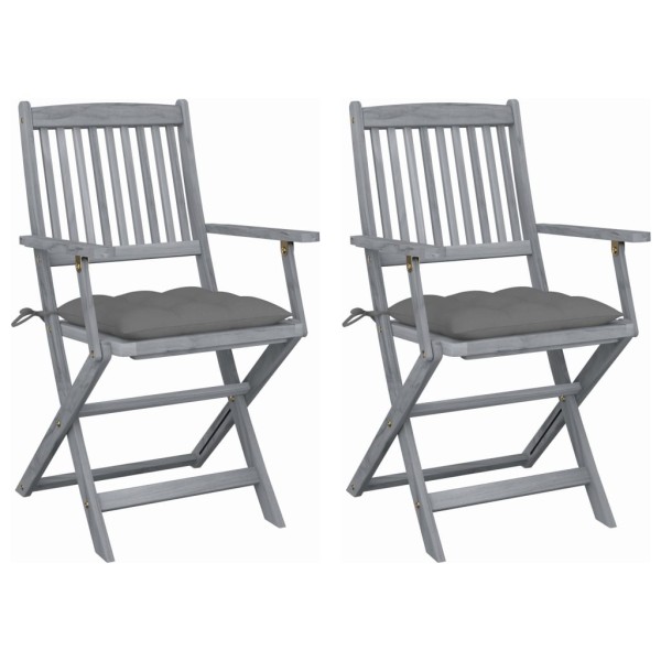 Folding outdoor chairs with pillows, 2 pcs., solid acacia