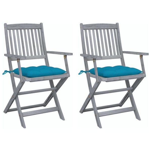 Folding outdoor chairs with pillows, 2 pcs., solid acacia