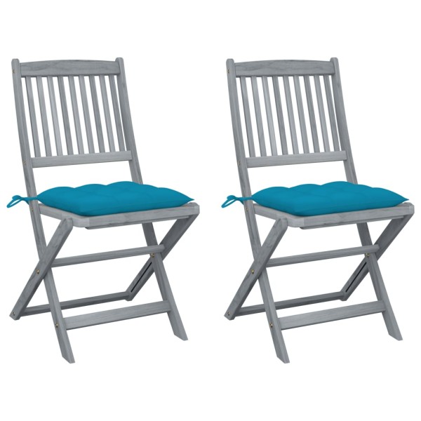 Folding outdoor chairs with pillows, 2 pcs., solid acacia