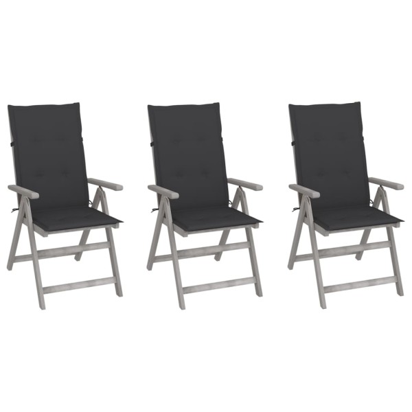 Reclining garden chairs with cushions, 3 pcs., solid acacia