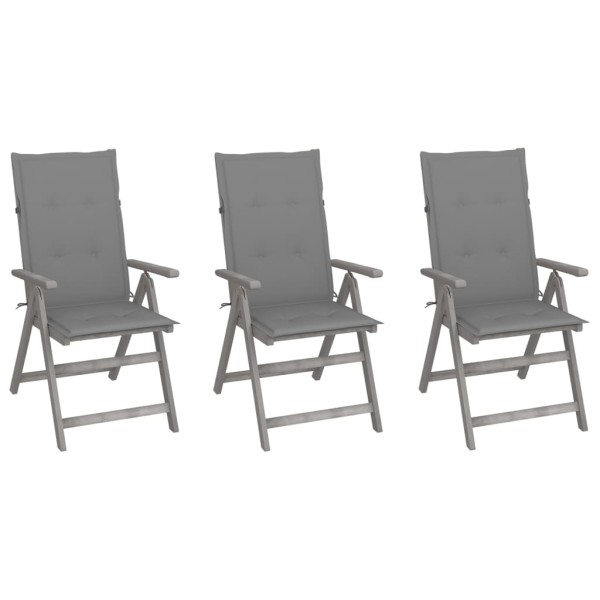Reclining garden chairs with cushions, 3 pcs., solid acacia