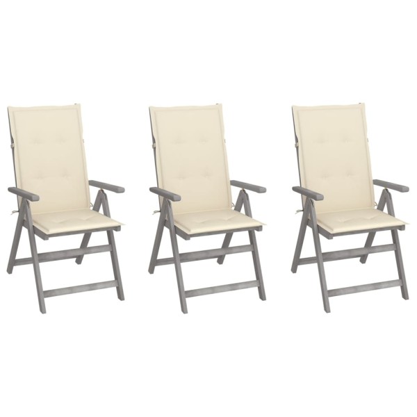 Reclining garden chairs with cushions, 3 pcs., solid acacia