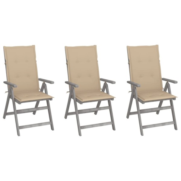Reclining garden chairs with cushions, 3 pcs., solid acacia