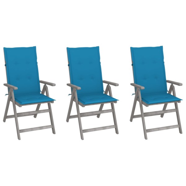 Reclining garden chairs with cushions, 3 pcs., solid acacia