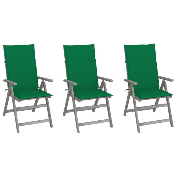 Reclining garden chairs with cushions, 3 pcs., solid acacia