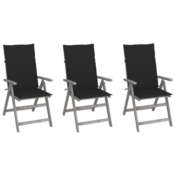 Reclining garden chairs with cushions, 3 pcs., solid acacia
