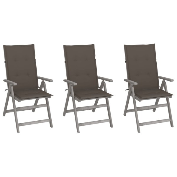 Reclining garden chairs with cushions, 3 pcs., solid acacia