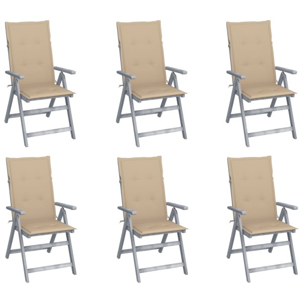 Reclining garden chairs with pillows, 6 pcs., solid acacia