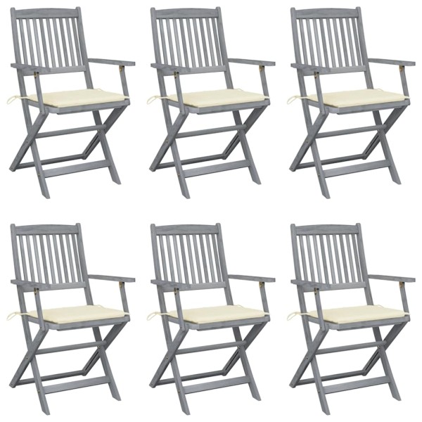 Folding outdoor chairs with pillows, 6 pcs., solid acacia