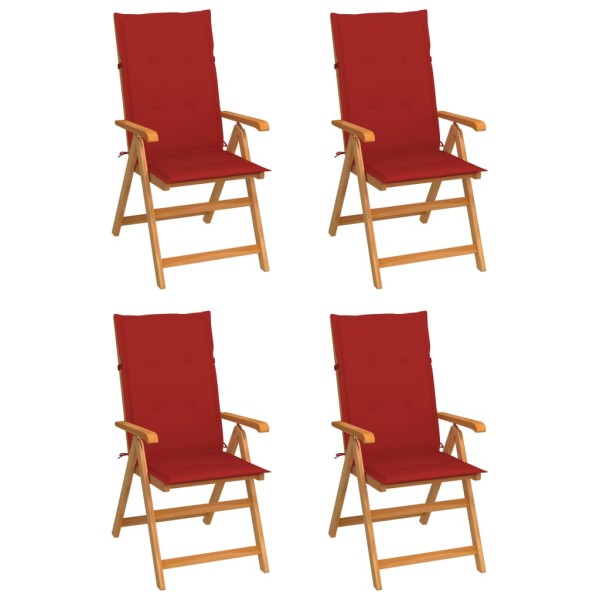 Garden chairs with cushions, 4 pcs., red, solid teak