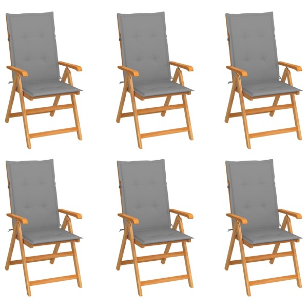 Garden chairs with gray cushions, 6 pcs., solid teak