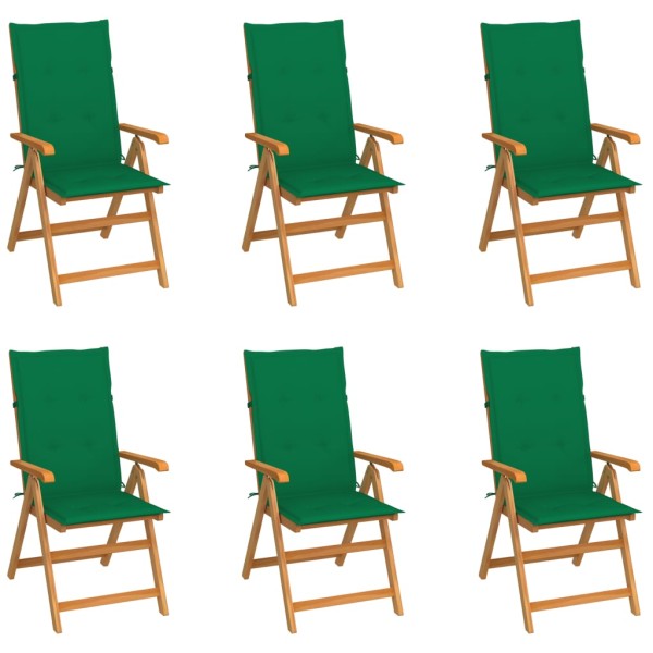 Garden chairs with green cushions, 6 pcs., solid teak