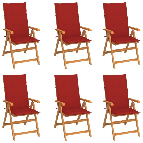 Garden chairs with red cushions, 6 pcs., teak