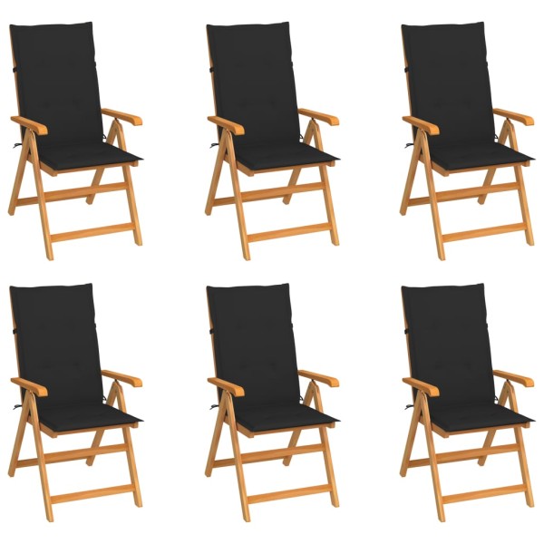 Garden chairs with black cushions, 6 pcs., solid teak