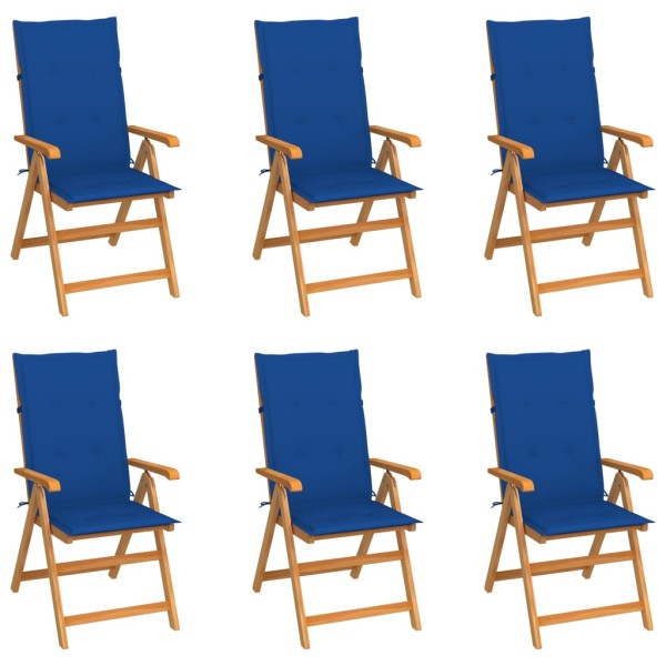 Garden chairs with blue cushions, 6 pcs., teak